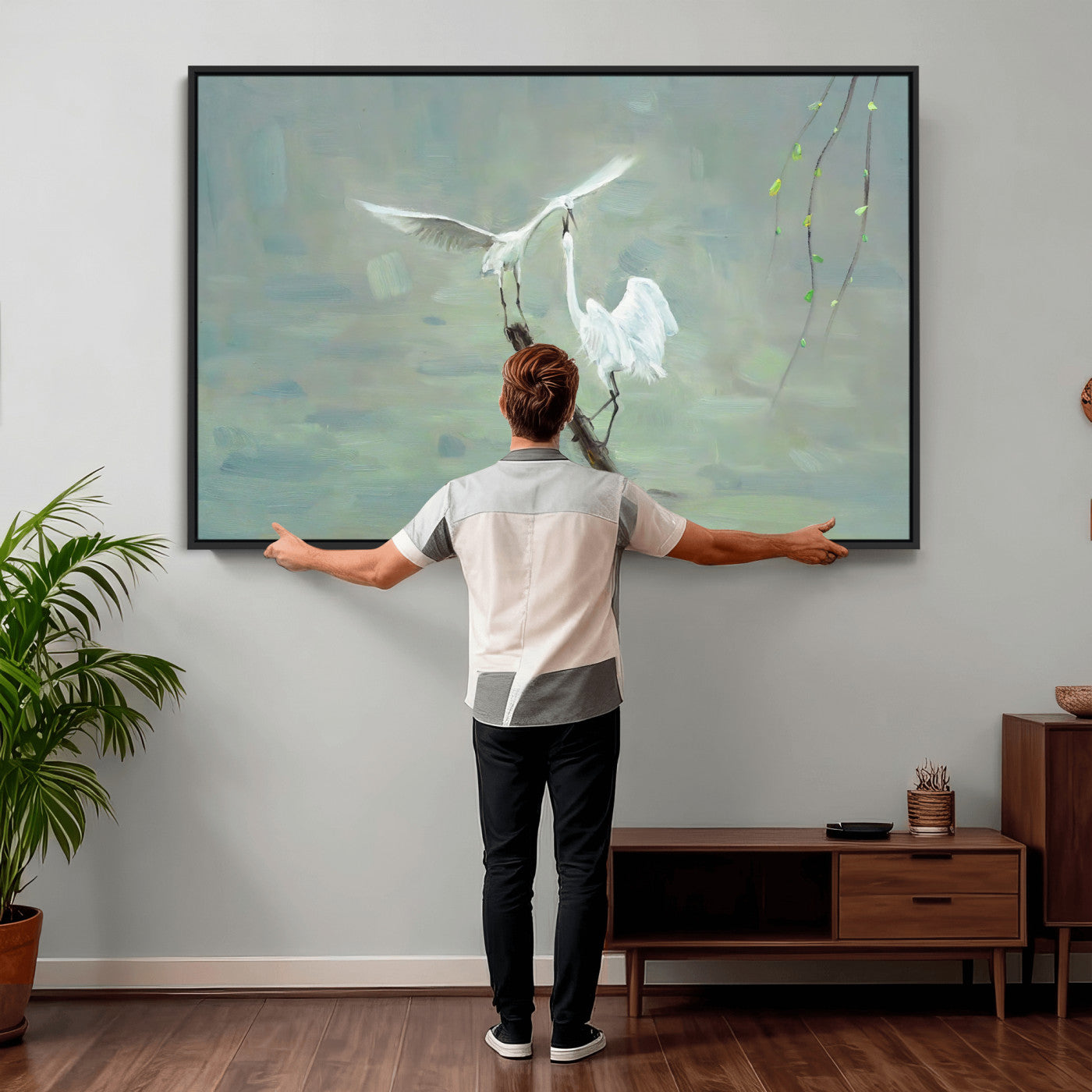 91124838-MGV-CV-36X24 - Two White Egrets on Marsh Branch Wall Art Canvas Print - Vintage Style Coastal Bird Poster
