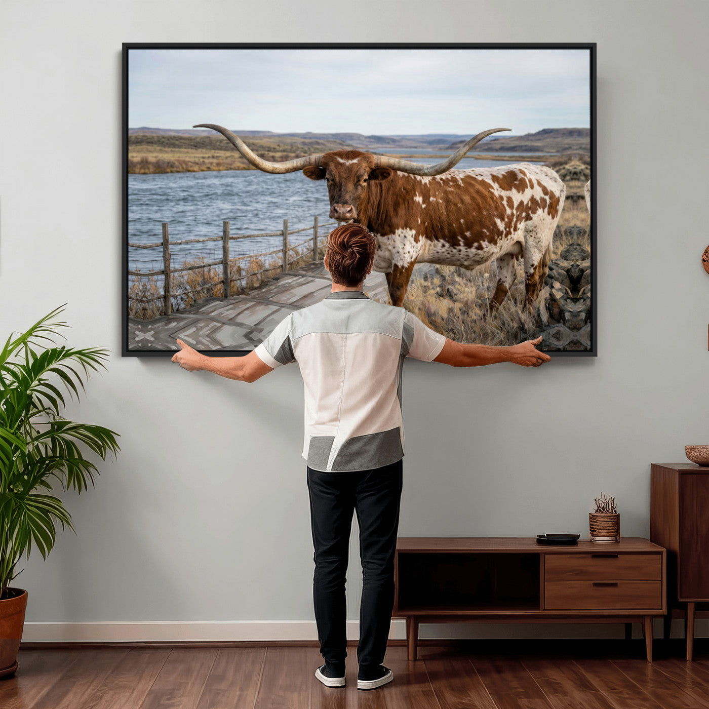 91575949-MGV-CV-36X24 - Texas Longhorn Cattle in Desert Pasture Wall Art Canvas Print - Rustic Western Decor