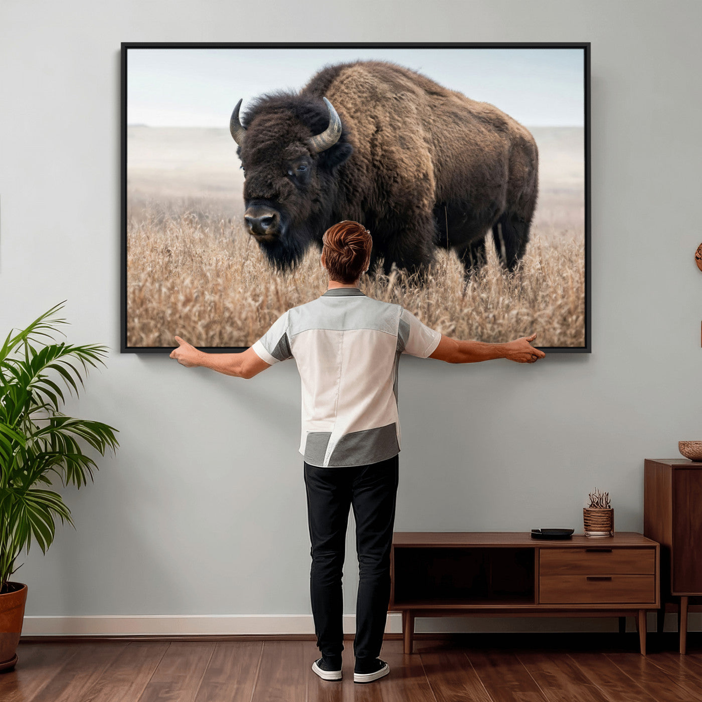 81029583-MGV-CV-36X24 - American Bison in Prairie Field Wall Art Canvas Print - Rustic Wildlife Photography