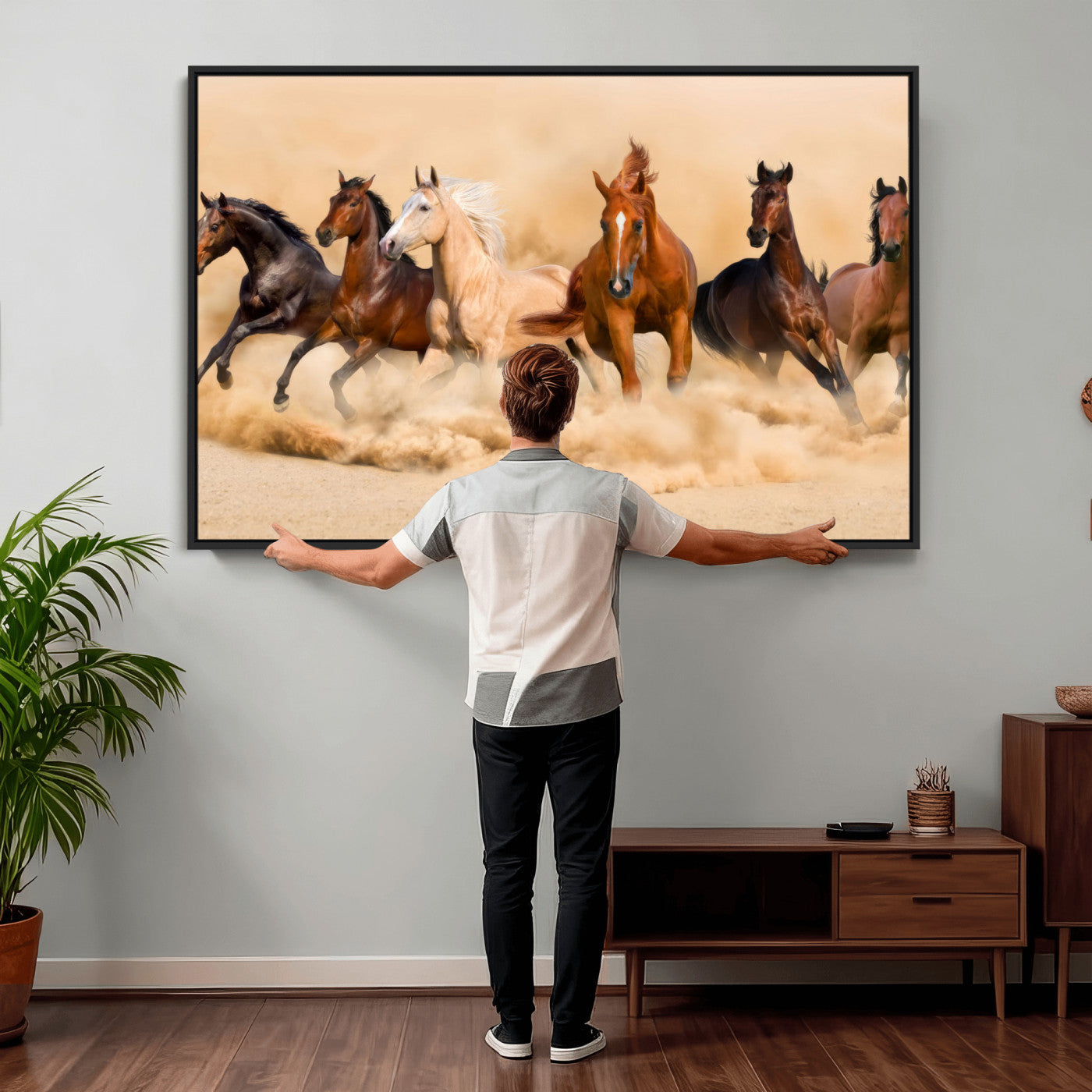 90610949-MGV-CV-36X24 - Herd of Six Wild Horses Galloping in Dust Storm Wall Art Canvas Print - Majestic Wildlife Decor