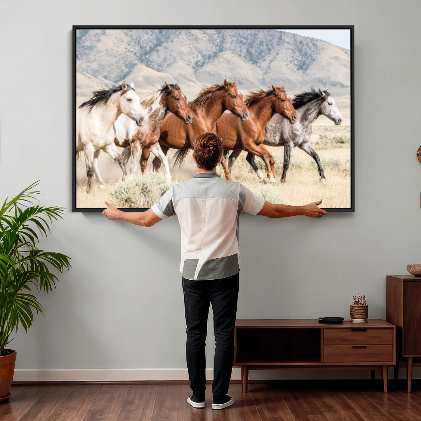 68345893-MGV-CV-36X24 - Five Mustangs Running Wild in Mountain Valley Wall Art Canvas Print - Rustic Western Decor