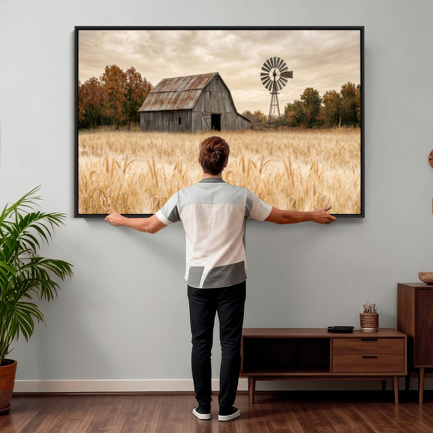 99640659-MGV-CV-36X24 - Rustic Farmhouse Barn and Windmill Wall Art Canvas Print, Country Landscape Photography Print