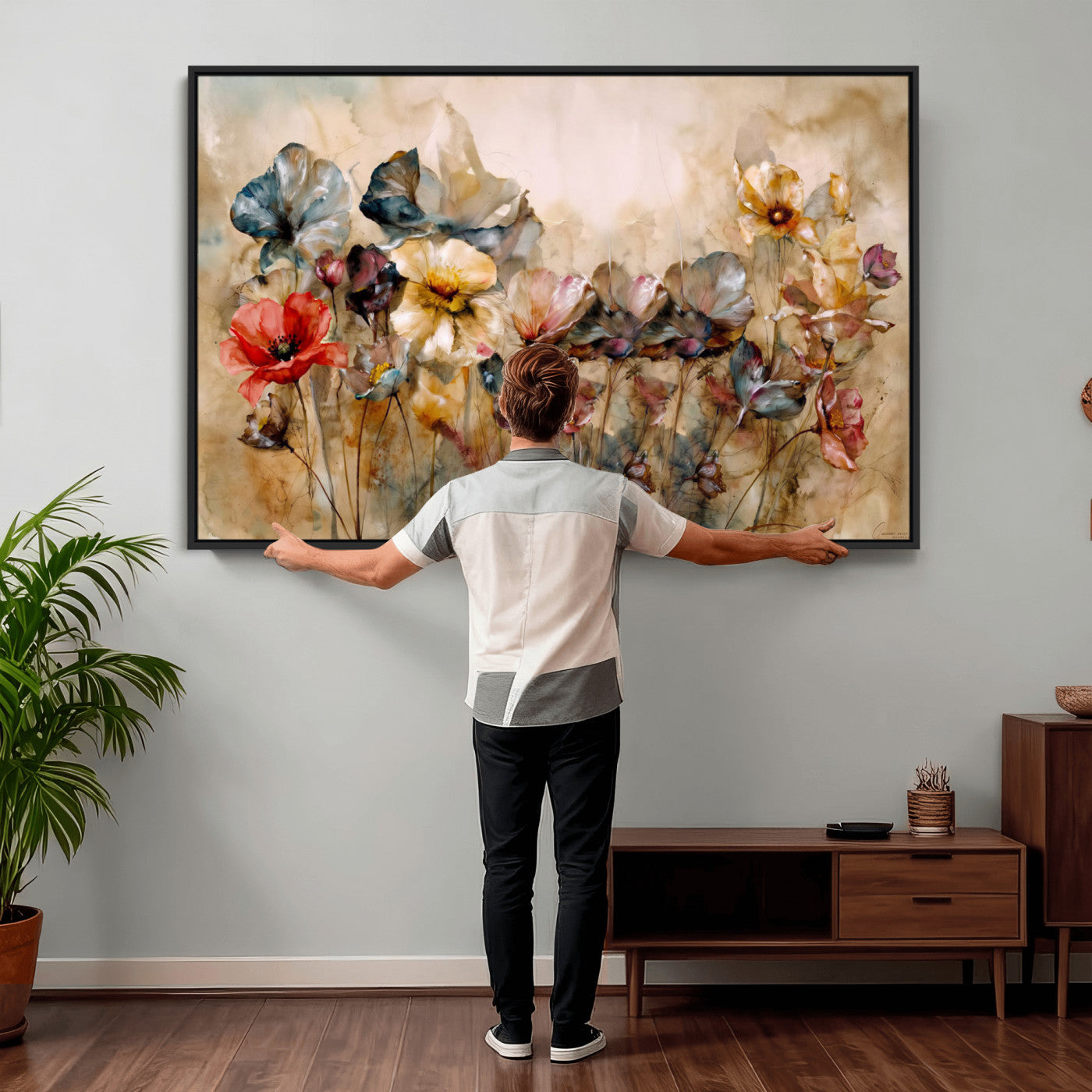 11407233-MGV-CV-36X24 - Vintage Dried Floral Meadow Wall Art Canvas Print, Translucent Watercolor Flowers Painting Print