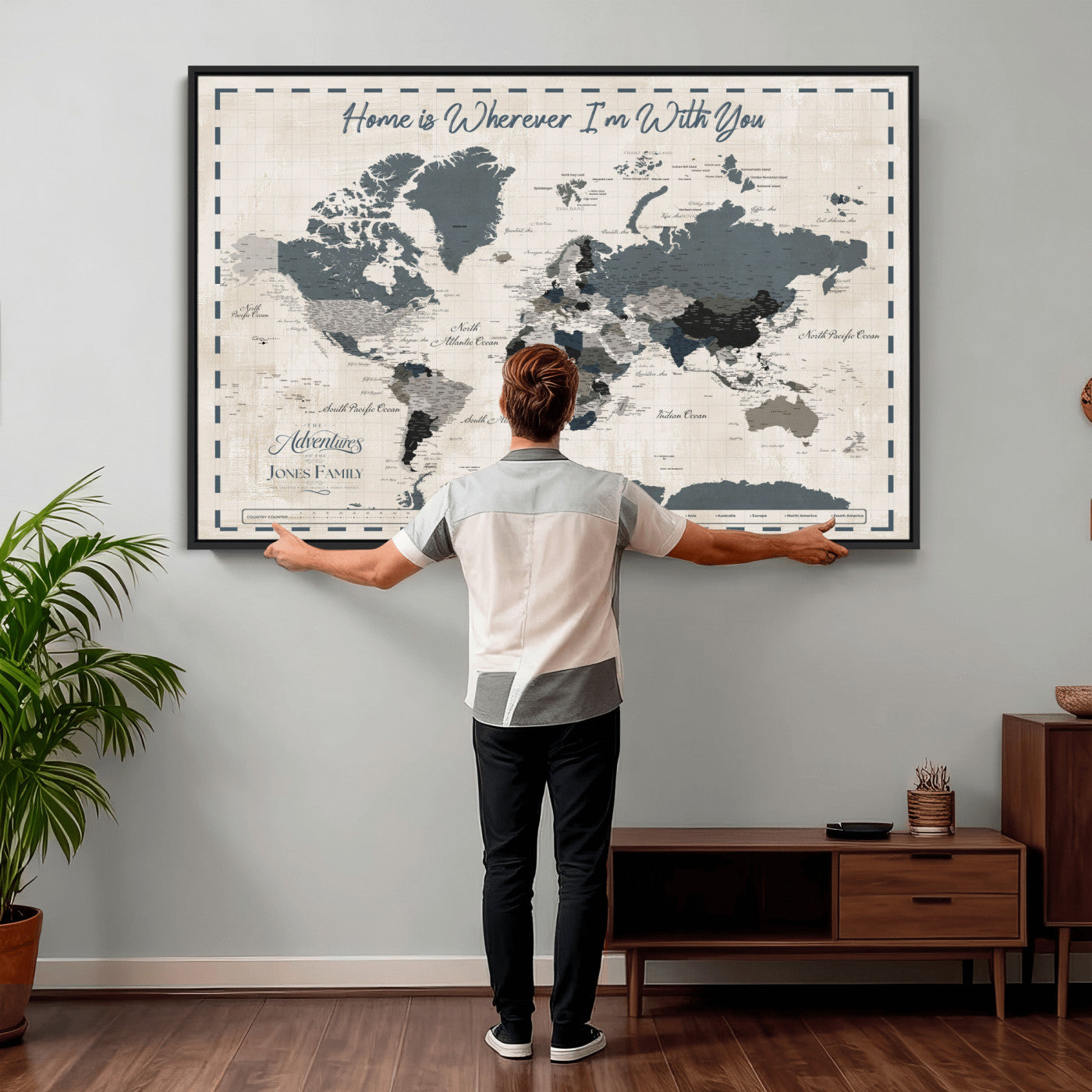 400867164-MGV-CV-36X24 - Framed Blue Custom Push Pin World Map Canvas Print – Personalized Travel Map Wall Art