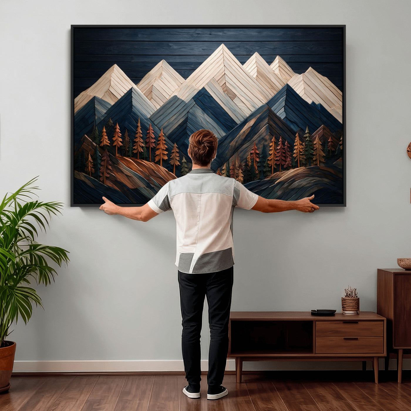 87765072-MGV-CV-36X24 - Geometric Wood Mountain Wall Art Canvas Print, 3D Look Rustic Mosaic Landscape Print