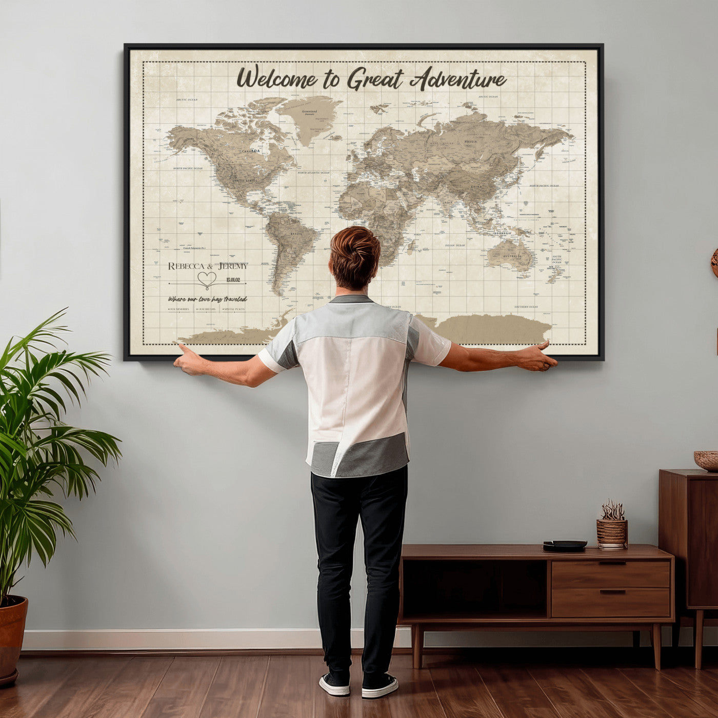 51180020-MGV-CV-36X24 - Custom Push Pin Travel Map Canvas Print, Cream Personalized Travel Tracker Map, Anniversary Gift, Vintage World Map Wall Art