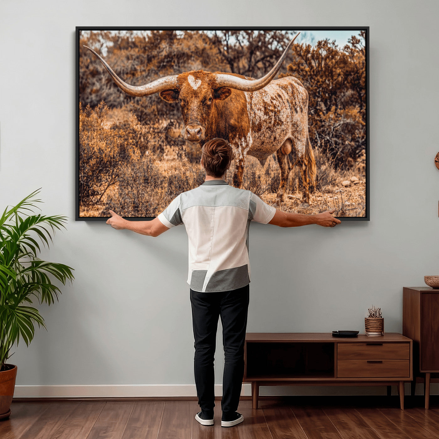 62076449-MGV-CV-36X24 - Texas Cow Bull Longhorn Print for Western Wall Art Decor for Farmhouse