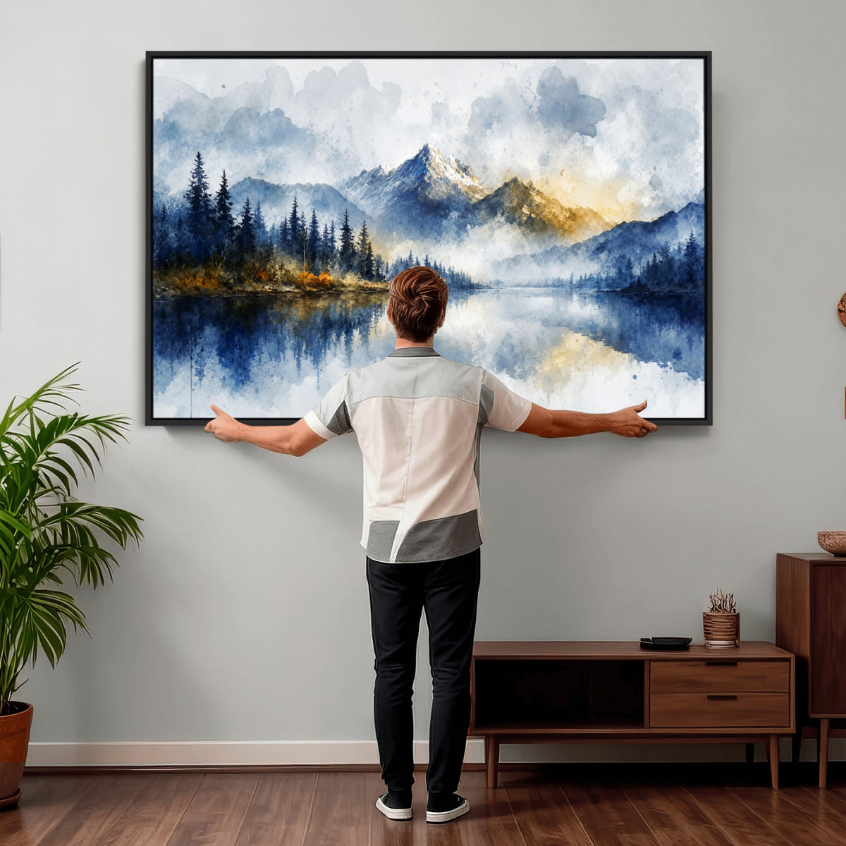 62076449DG-MGV-CV-36X24 - Abstract Watercolor Mountain Lake Wall Art Print for Living Room Decor