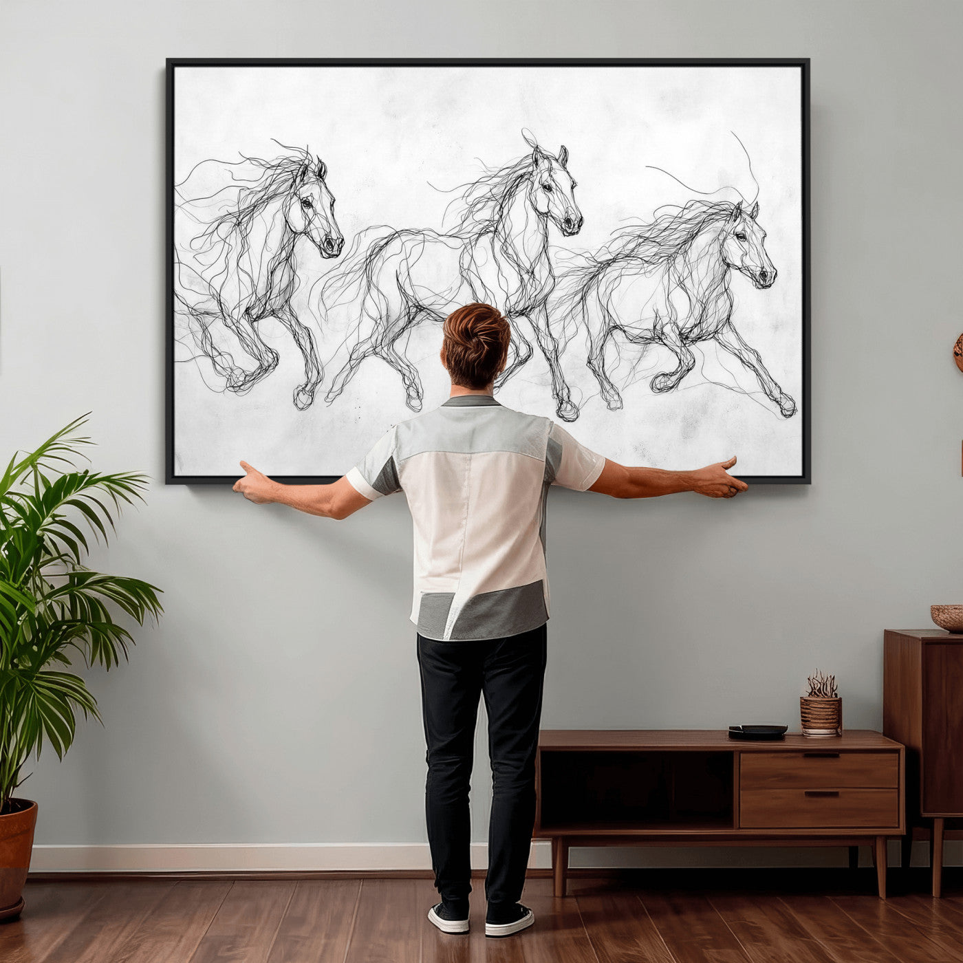 53600119-MGV-CV-36X24 - Monochrome Horse Canvas Wall Art, Black Ink Sketch Wild Horses Print, Minimalist Equestrian Artwork, Modern Abstract Line Decor, Urban Loft Gift