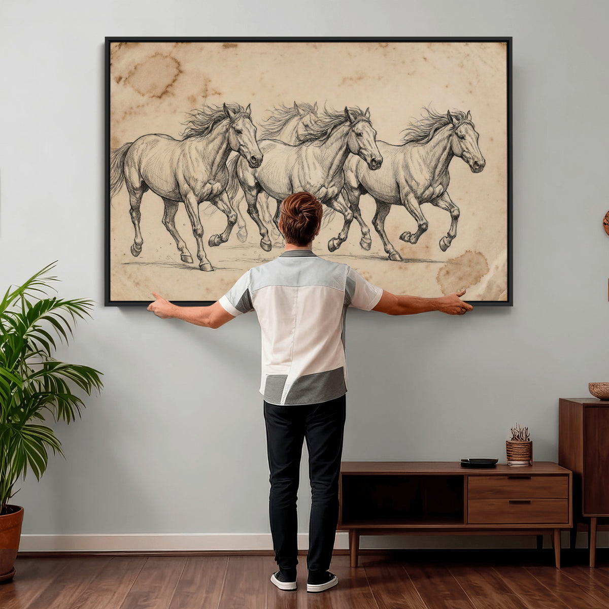 56046981-MGV-CV-36X24 - Sepia Wild Horses Canvas Art, Antique Pencil Drawing Print, Vintage Gallery Wall Decor, Rustic Equestrian Artwork, Traditional Den Gift