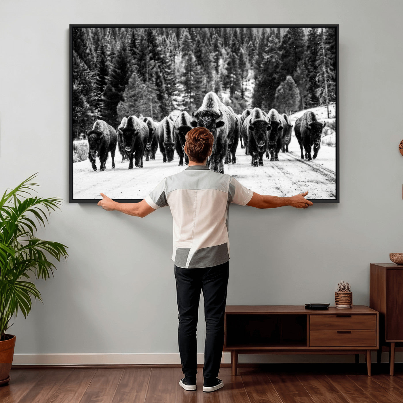 79337077-MGV-CV-36X24 - Black and White Bison Canvas Art, American Buffalo Print, Winter Wildlife Photography, Rustic Forest Wall Decor, Large Statement Nature Gift