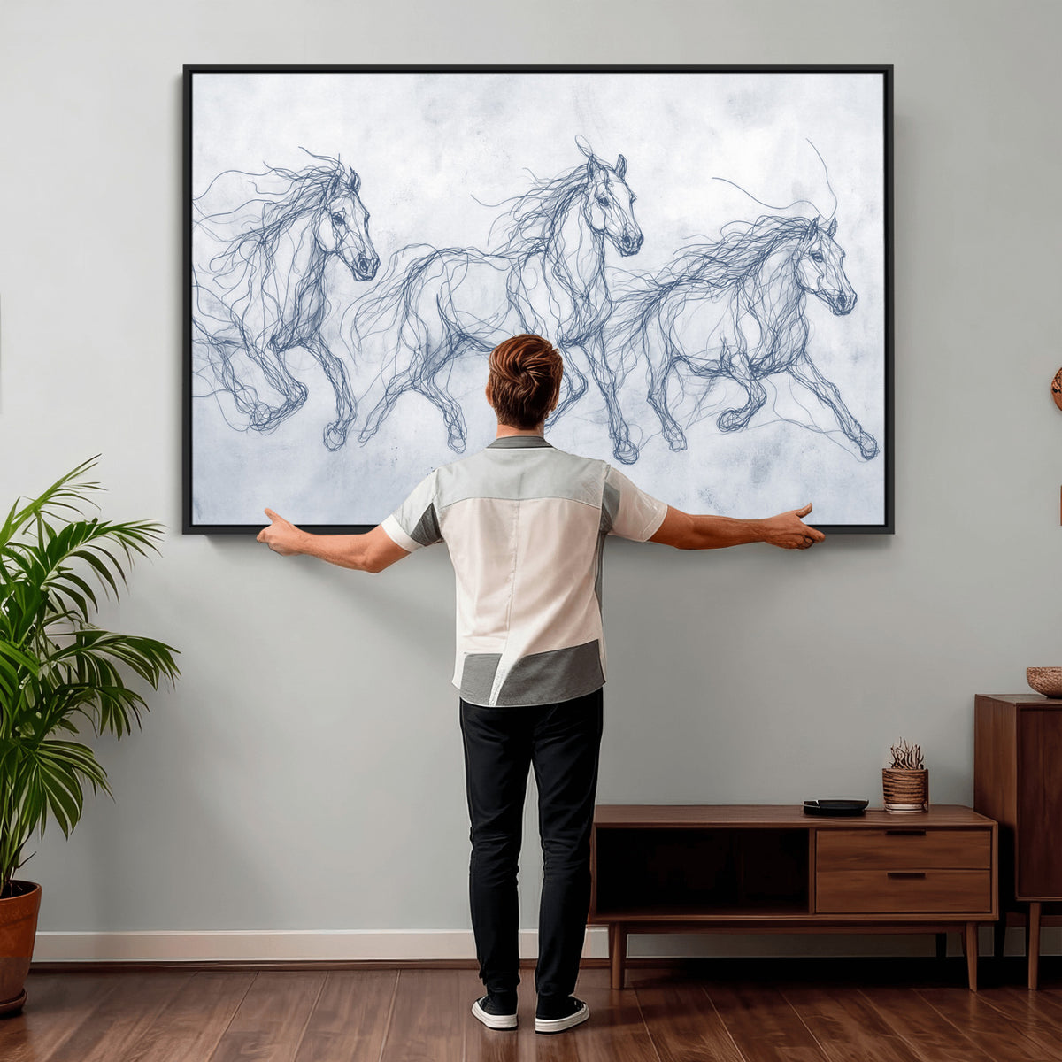 41163601-MGV-CV-36X24 - Indigo Blue Horse Line Art Canvas, Steel Grey Wild Horses Print, Abstract Navy Scribble Artwork, Modern Slate Equine Wall Decor, Coastal Ranch Gift