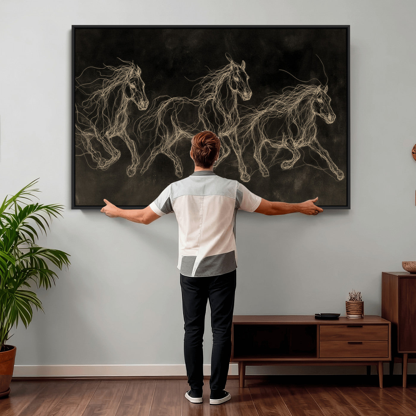 15344242-MGV-CV-36X24 - Dark Horse Line Art Canvas, Gold Scribble Wild Horses Print, Black Chalkboard Wall Art, Modern Luxury Equine Decor, Masculine Office Gift