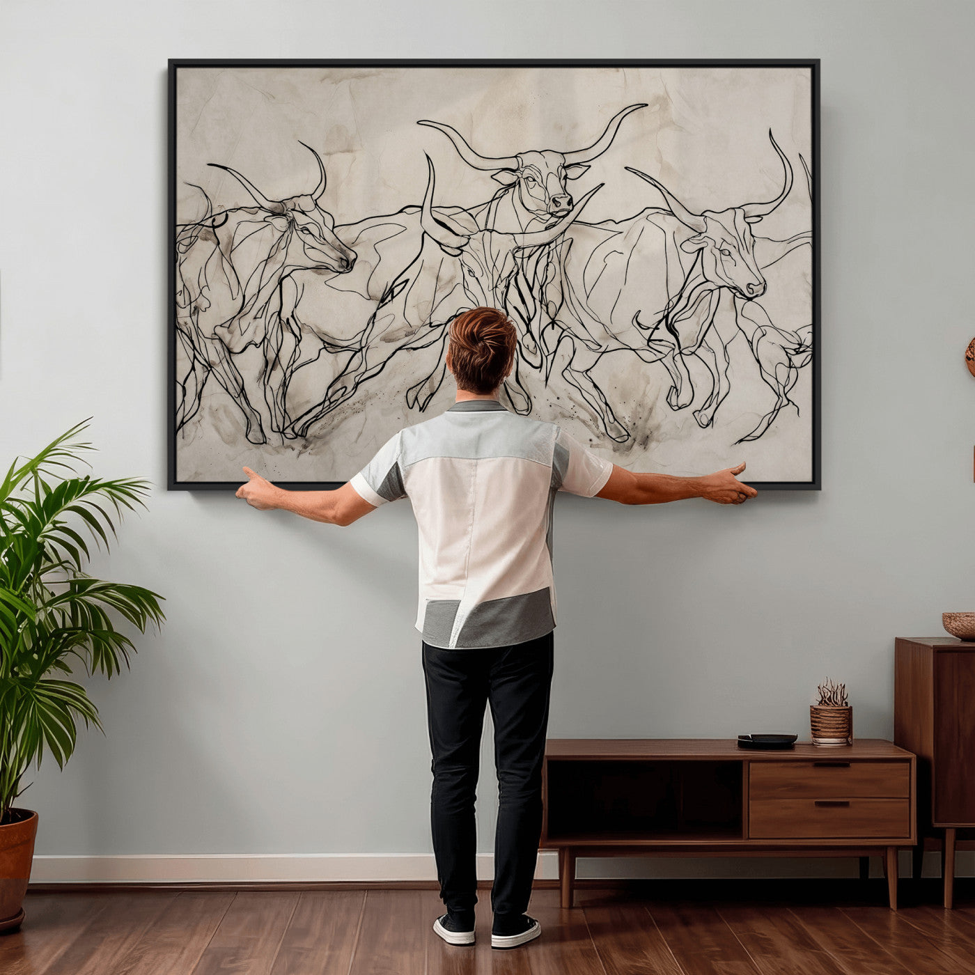 16671245-MGV-CV-36X24 - Minimalist Longhorn Line Art, Modern Texas Bull Canvas Print, Abstract Western Wall Decor, Continuous Line Artwork, Black White Ranch Gift