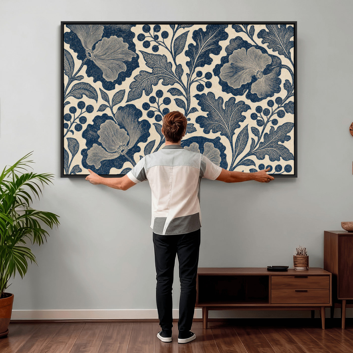 23824002-MGV-CV-36X24 - William Morris Style Navy Blue Floral Wall Art Canvas Print, Vintage Cream Botanical Painting Print