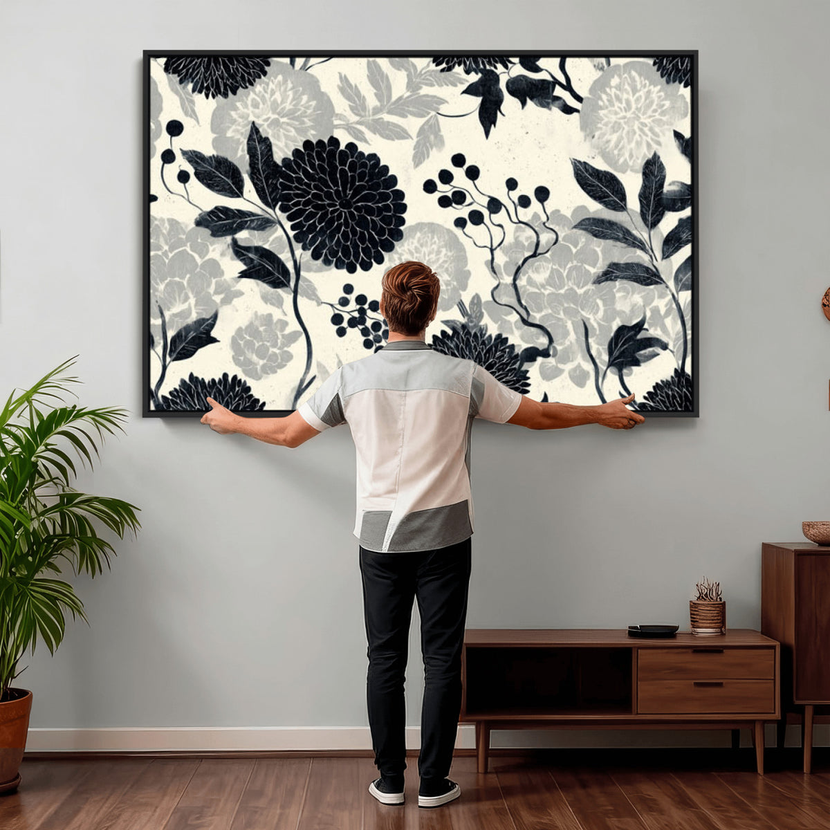 61524791-MGV-CV-36X24 - Vintage Black Chrysanthemum Wall Art Canvas Print, Monochrome Dhalia Floral Painting Print