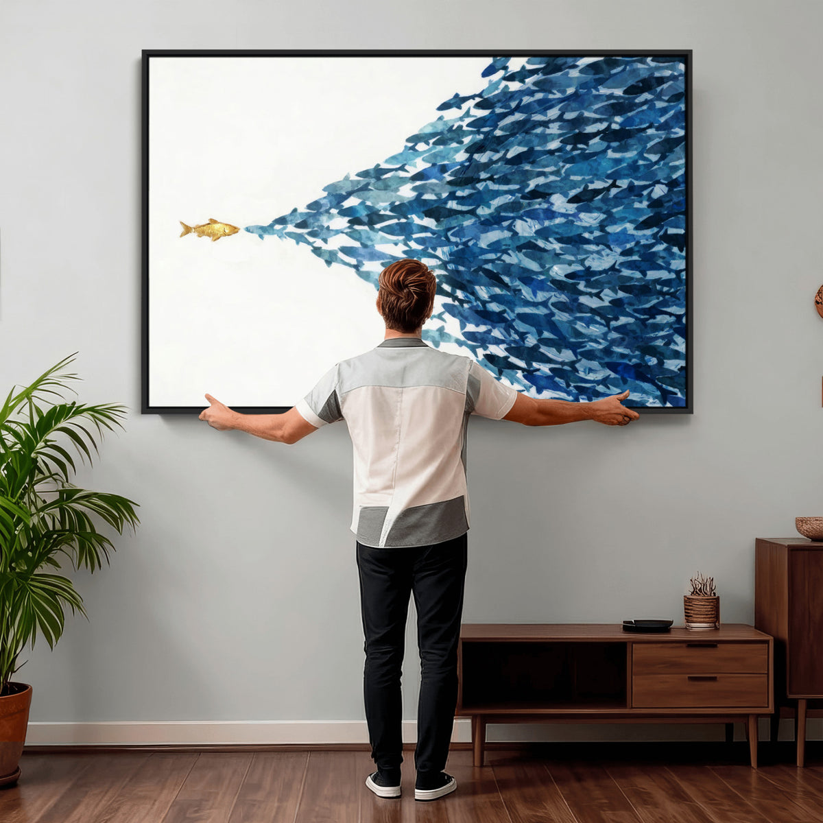 79089639-MGV-CV-36X24 - Abstract Blue Fish School Canvas Wall Art, Gold Foil Accent Marine Print