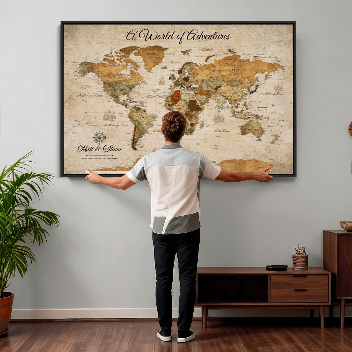 88768647-MGV-CV-36X24 - Extra Large Framed Personalize Push Pin World Map Wall Art Canvas Print for Travel Tracking