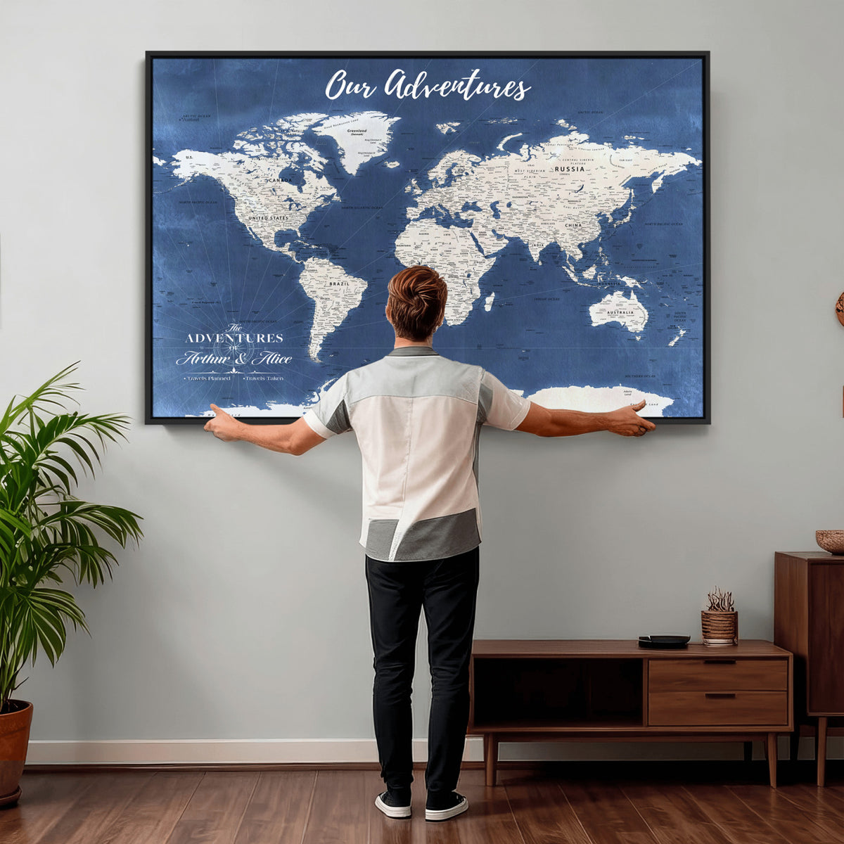 75405527-MGV-CV-36X24 - Extra Large Framed Personalize Push Pin World Map Wall Art Canvas Print for Travel Tracking