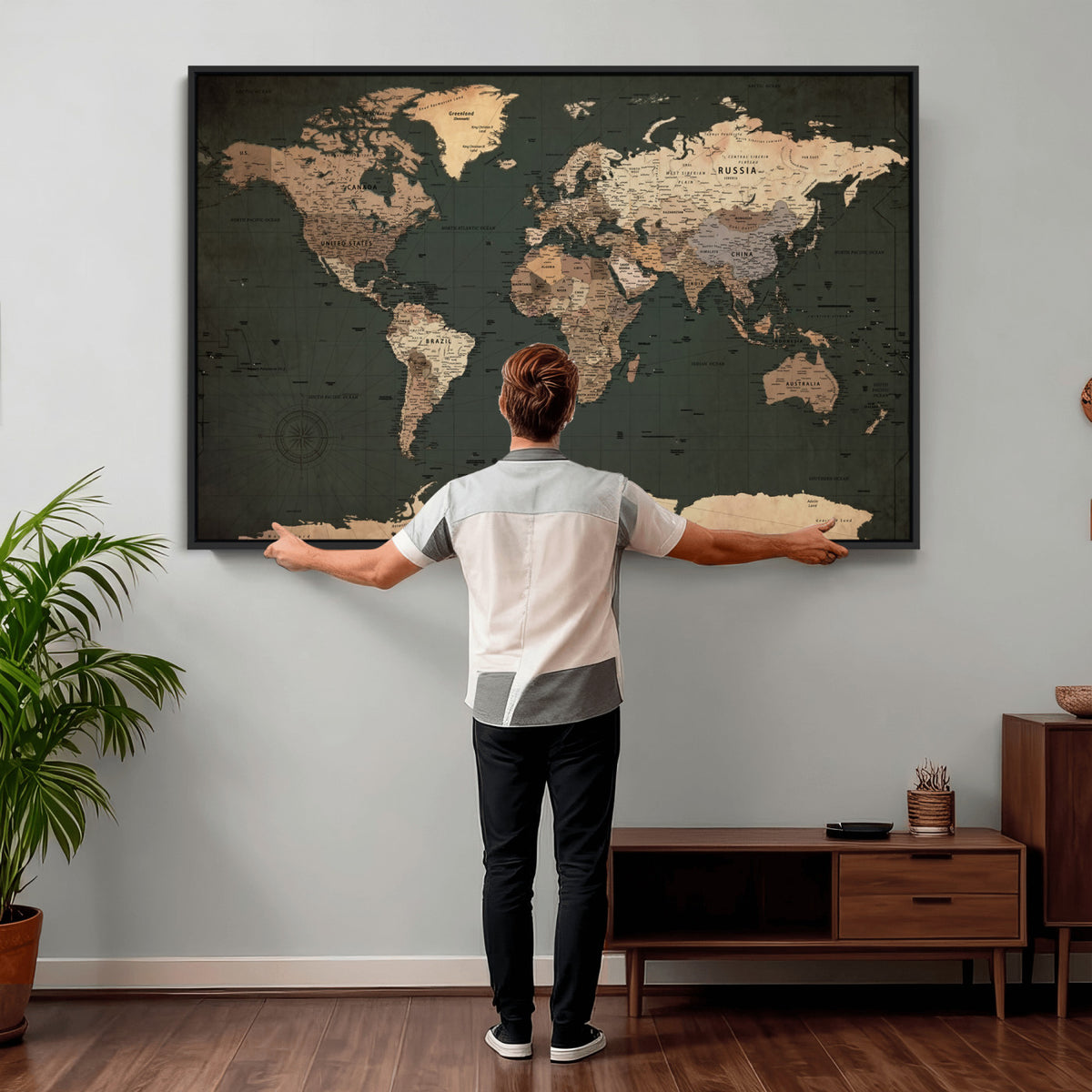 42327656-MGV-CV-36X24 - Extra Large Framed Personalize Push Pin World Map Wall Art Canvas Print for Travel Tracking