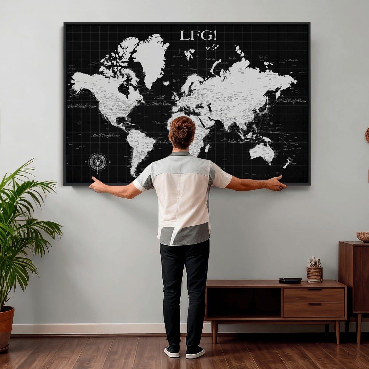 68209291-MGV-CV-36X24 - Extra Large Framed Personalize Push Pin World Map Wall Art Canvas Print for Travel Tracking