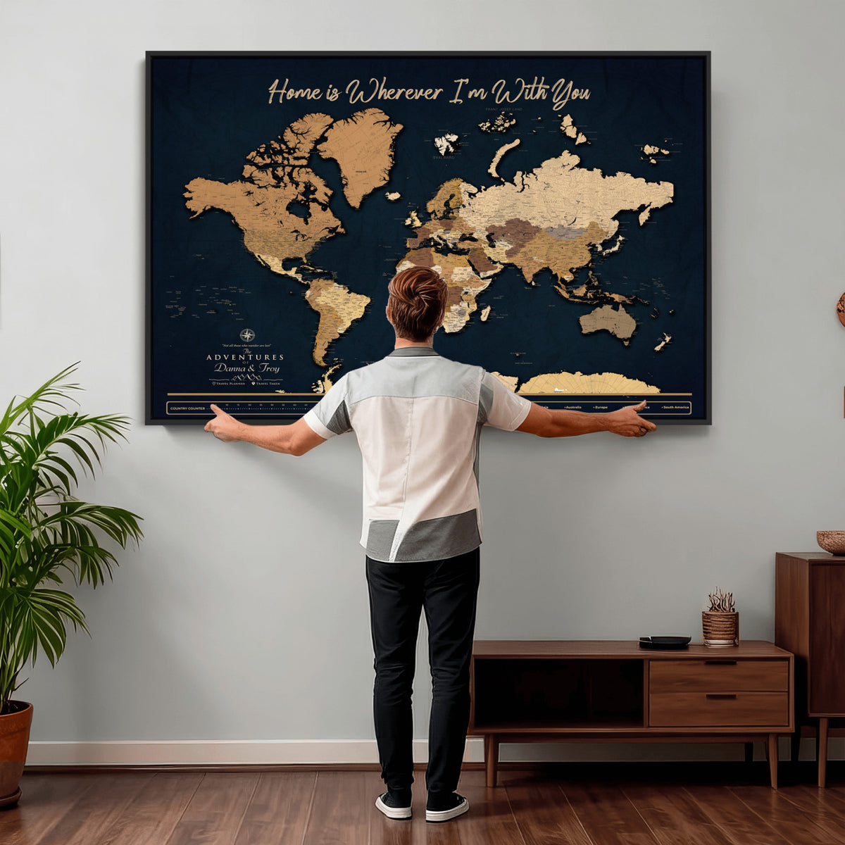 13903533-MGV-CV-36X24 - Extra Large Framed Personalize Push Pin World Map Wall Art Canvas Print for Travel Tracking