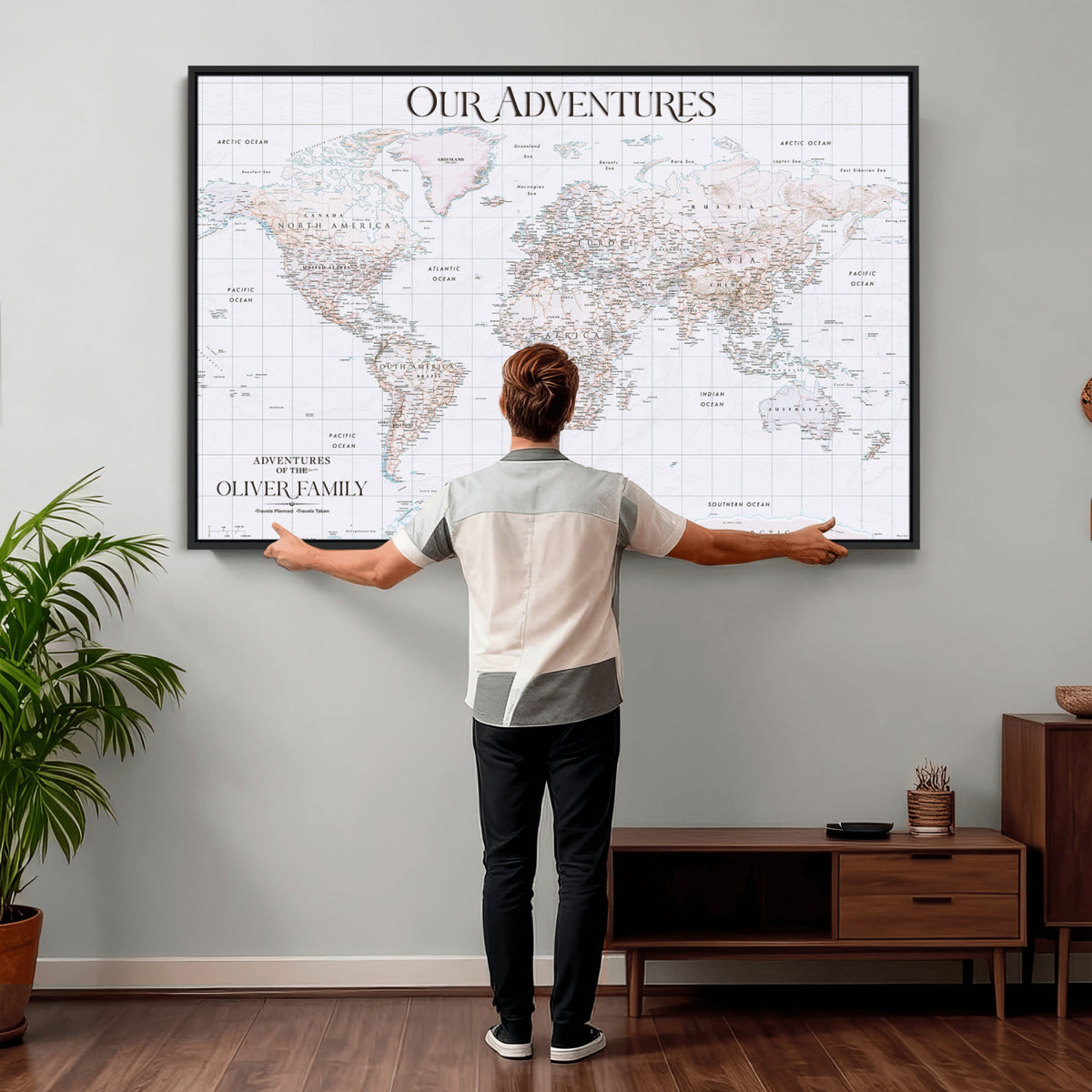 18074626D3DD-MGV-CV-36X24 - Extra Large Framed Personalize Push Pin World Map Wall Art Canvas Print for Travel Tracking NEWMAP - 015