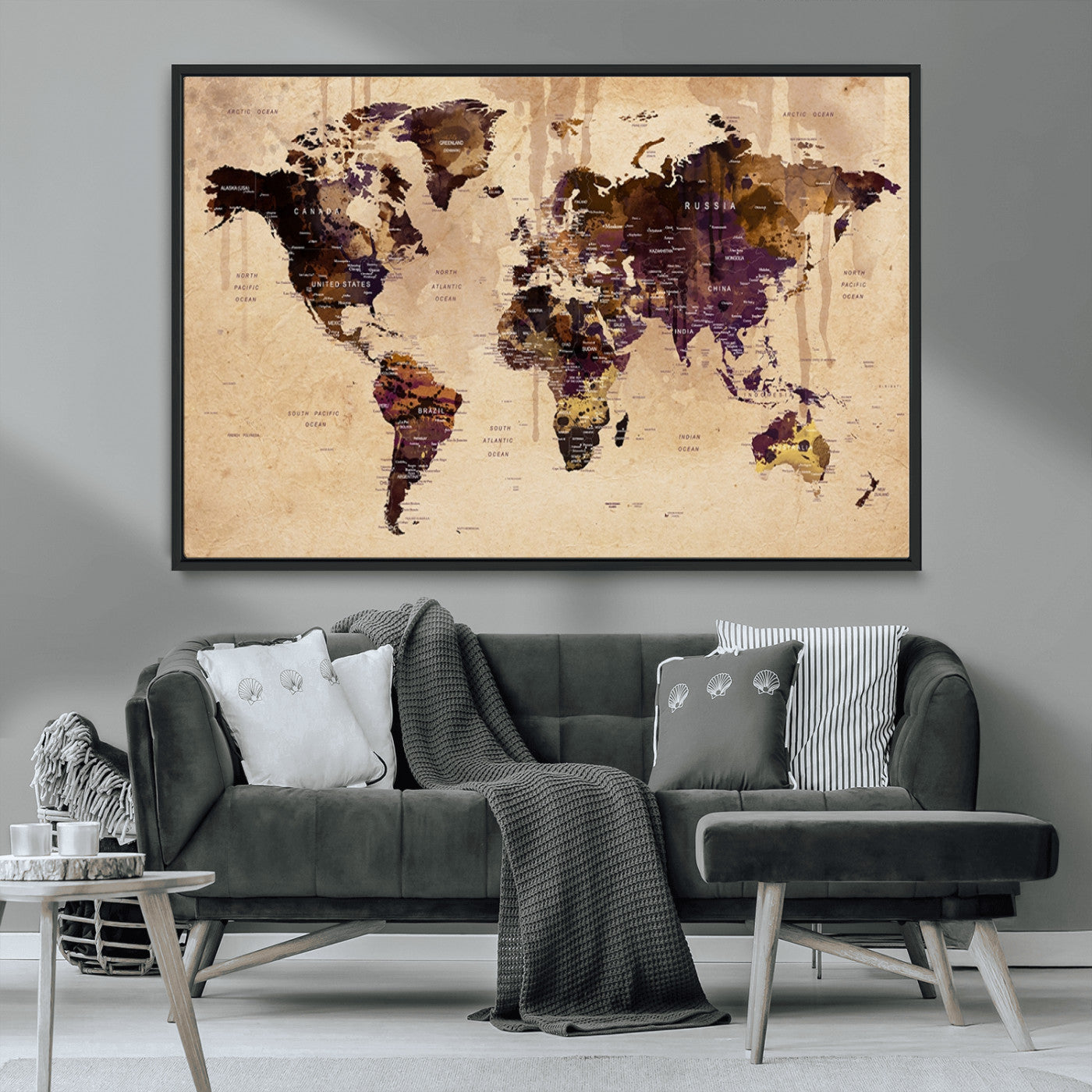 47333-MGV-CV-36X24-Vintage World Map Canvas Wall Art – Framed Push Pin Travel Map for Home and Office Decor