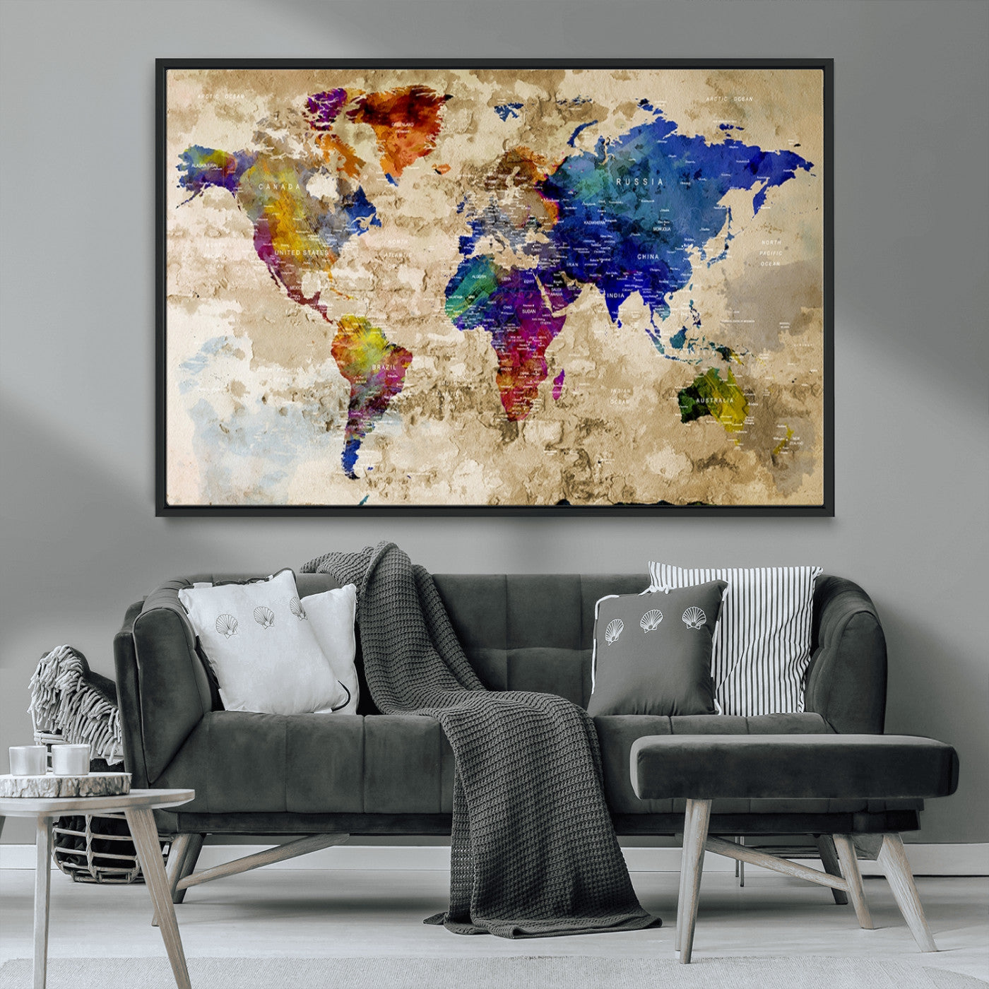 92939-MGV-CV-36X24-Colorful World Map Canvas Wall Art – Abstract Watercolor Map Print, Modern Travel Decor for Home Office or Study