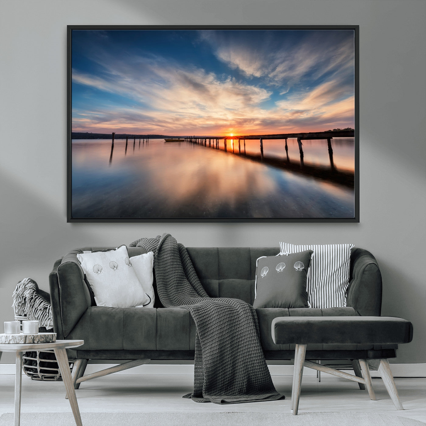 39967-MGV-CV-36X24-Wooden Pier on Seascape and Sunset Wall Art Canvas Print
