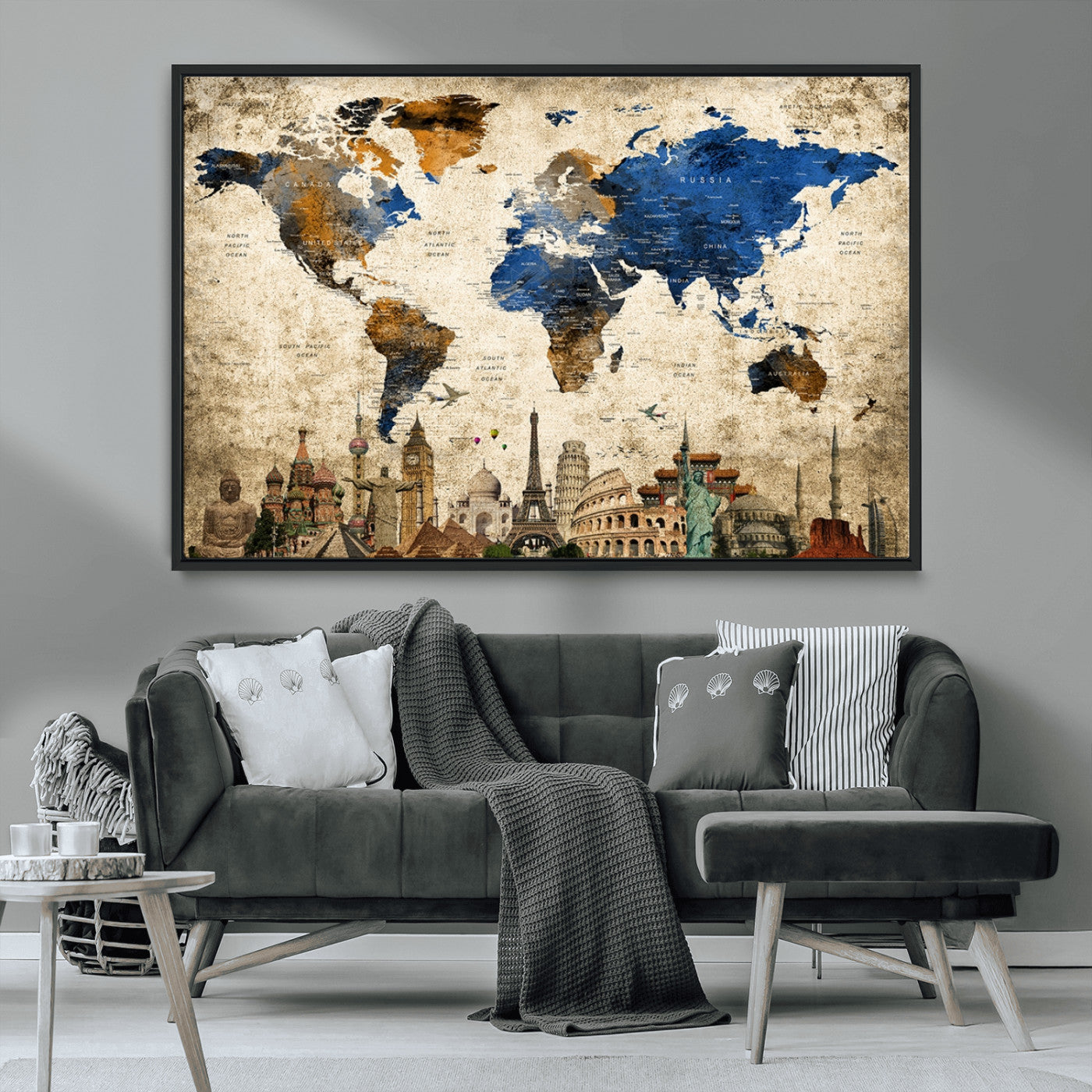 20261-MGV-CV-36X24-World Map Canvas Print – Vintage Blue and Gold World Map Wall Art, Framed Travel Inspired Decor for Living Room or Office