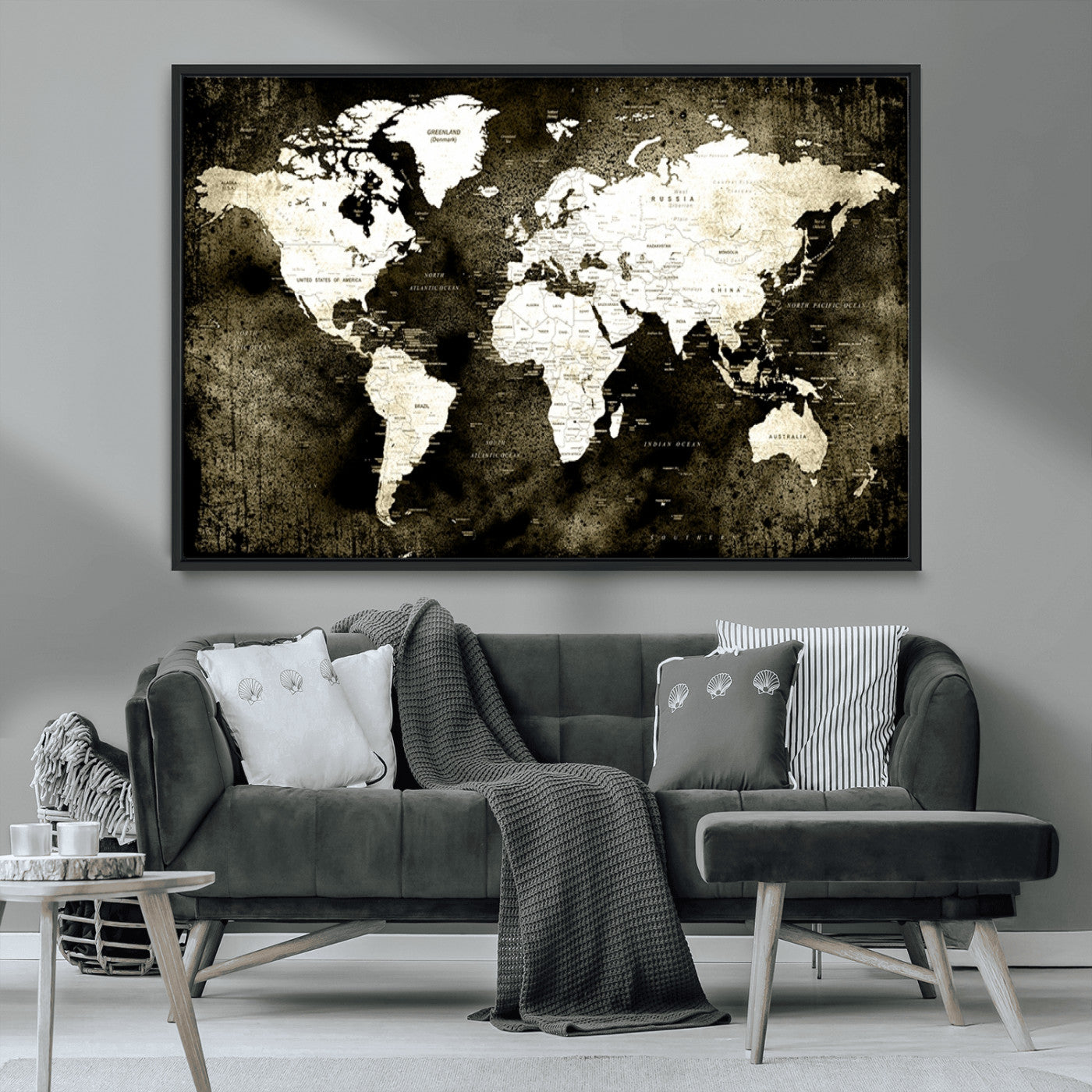 66737-MGV-CV-36X24-Vintage World Map Canvas Wall Art – Framed Push Pin Travel Map for Home and Office Decor, Rustic Wall Artwork for Travelers