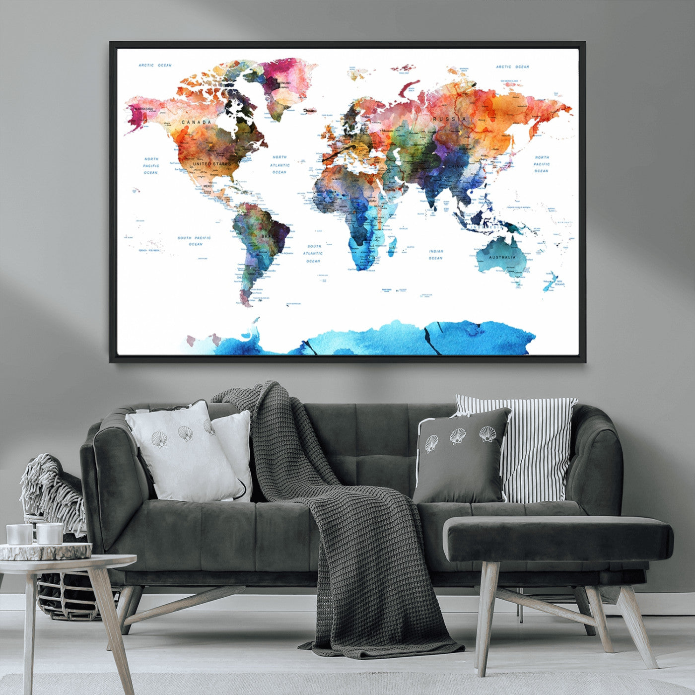11576-MGV-CV-36X24-Vibrant Watercolor World Map Canvas Wall Art – Framed Push Pin Travel Map for Home and Office Decor, Modern Colorful Wall Artwork