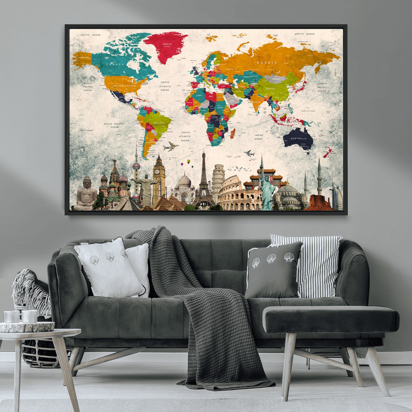 -Colorful World Map Canvas Wall Art with Landmarks – Framed Travel Map Print for Home and Office Decor, Perfect Gift for Travel Lovers