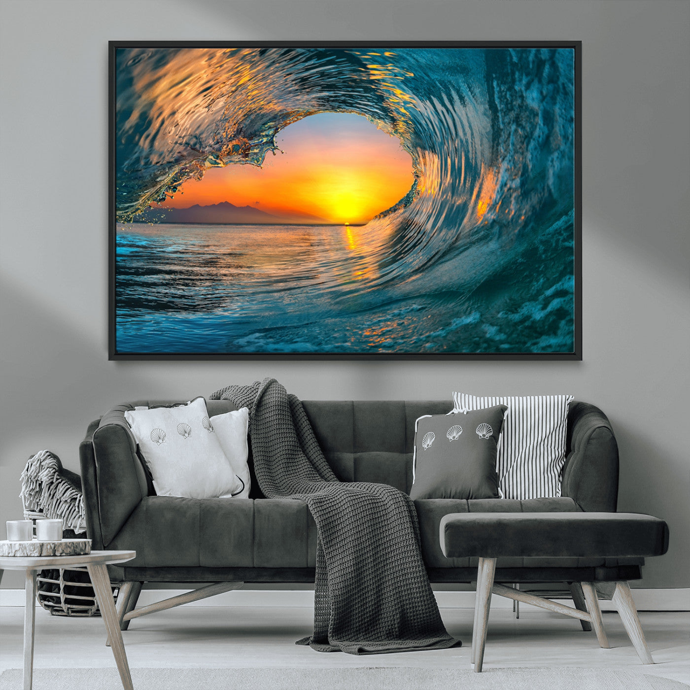 84279-MGV-CV-36X24-Ocean Wave Sunset Wall Art | Large Coastal Wave Canvas Print | 3-Panel Ocean Sunset Seascape for