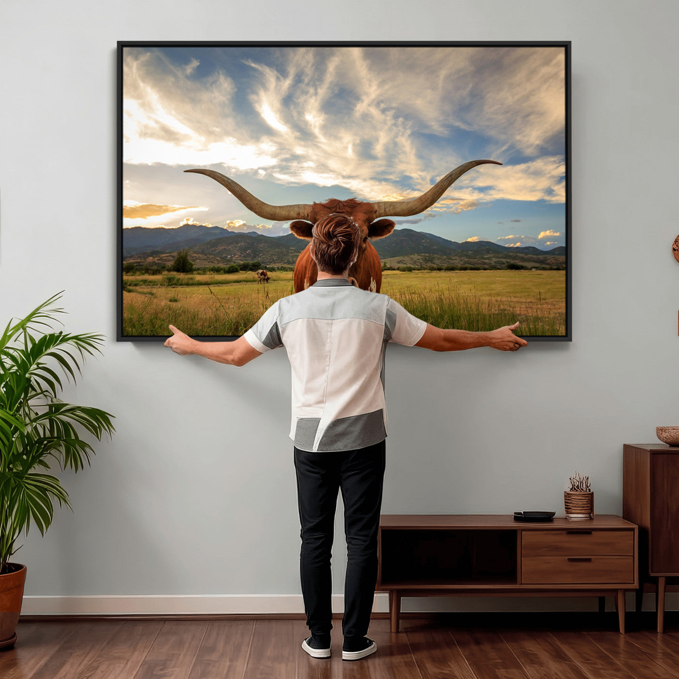 55416-MGV-CV-36X24 - Texas Longhorn Canvas Wall Art – Majestic Triptych Animal Print – Rustic Western Decor for Living Room