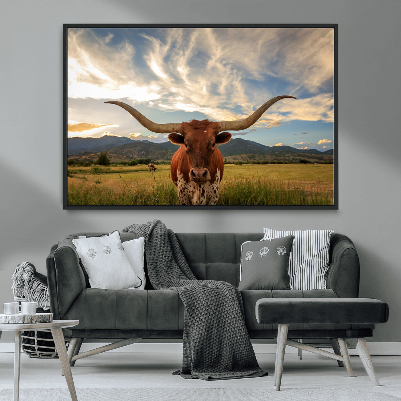 55416-MGV-CV-36X24-Texas Longhorn Canvas Wall Art – Majestic Triptych Animal Print – Rustic Western Decor for Living