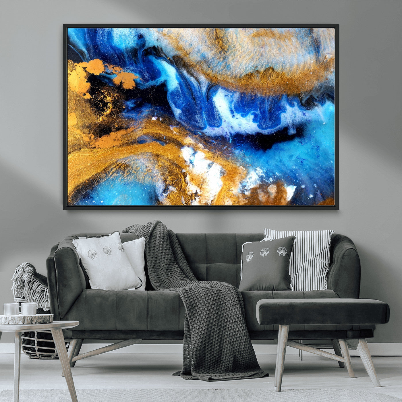42100-MGV-CV-36X24-Blue Orange Marble Fluid Effect Canvas Wall Art Print