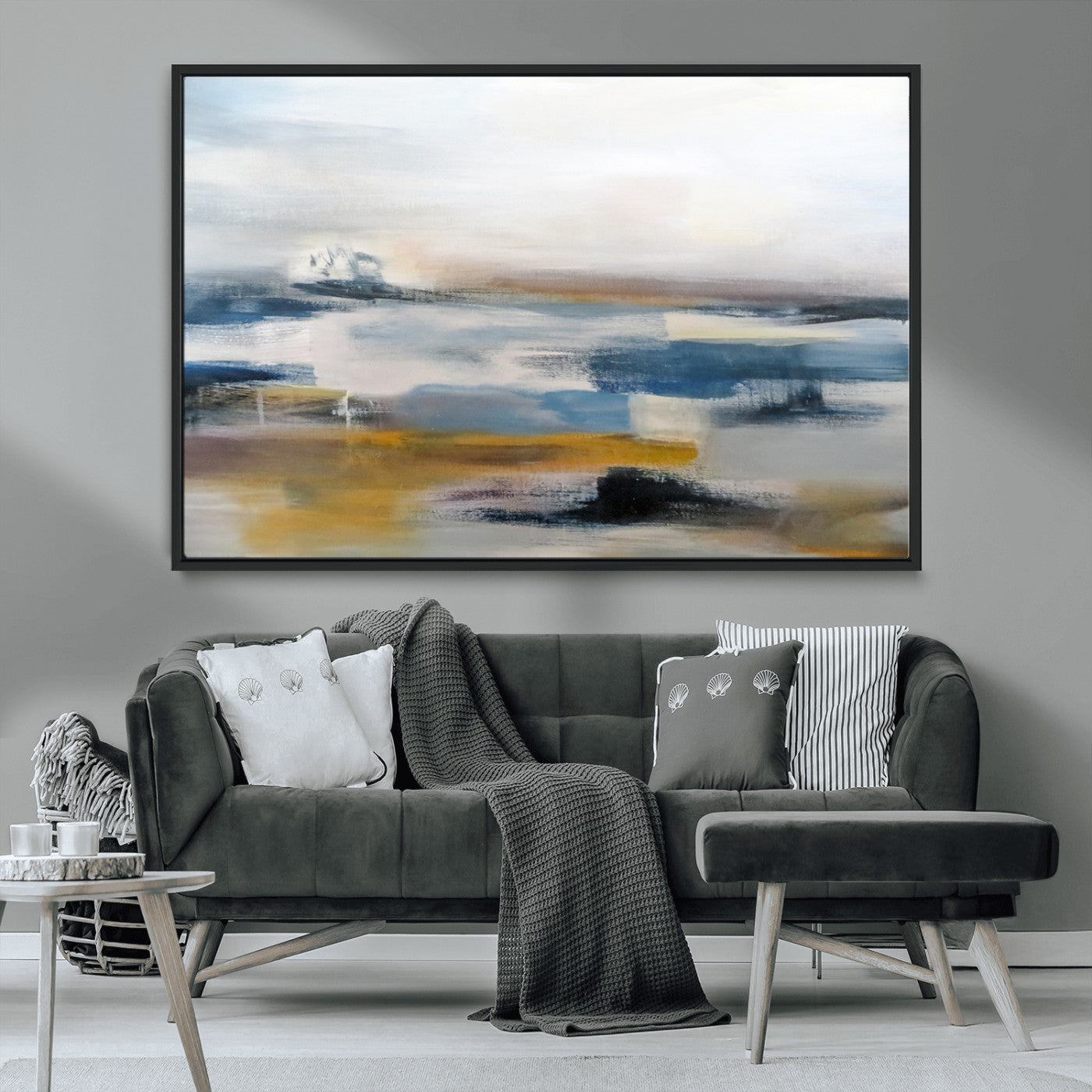 -Abstract Landscape Wall Art Canvas | 3 Panel Modern Blue, Gold, and White Canvas Art for Living
