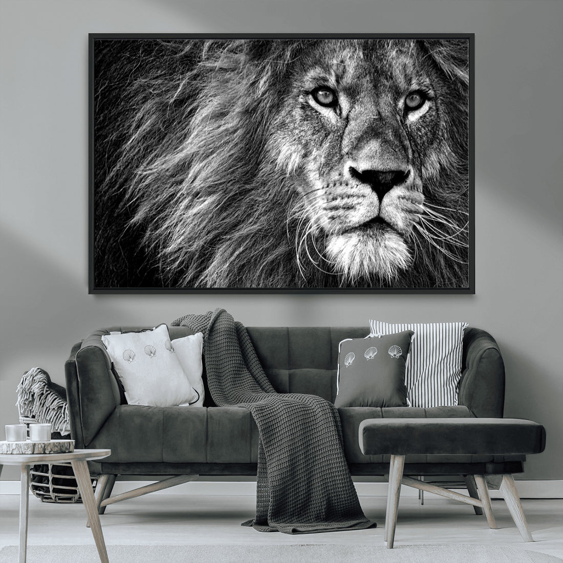 Black and White Lion Canvas Wall Art Print | Wildlife Portrait