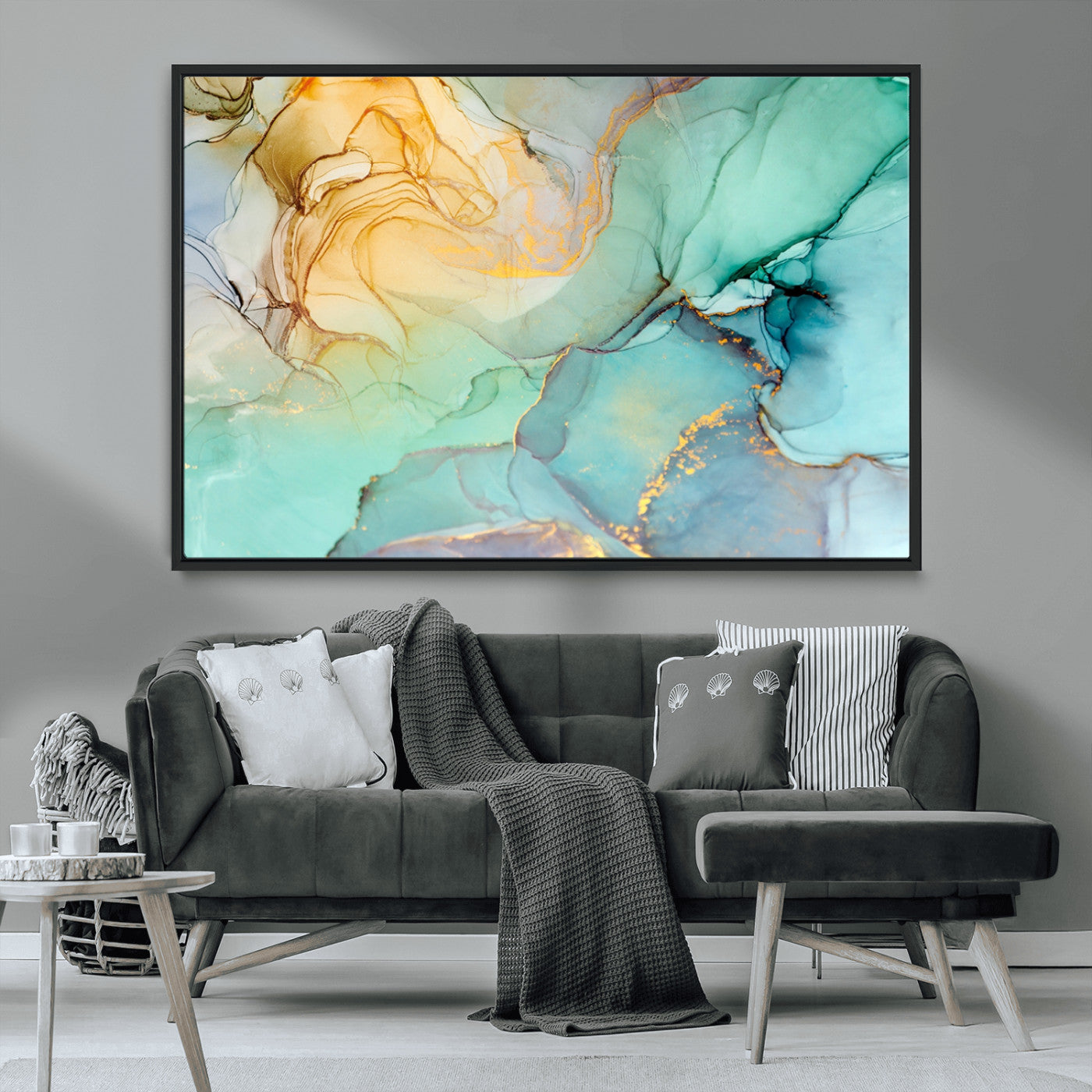 84233-MGV-CV-36X24-Abstract Aqua and Gold Fluid Wall Art Canvas | 3 Panel Large Canvas Print for Living Room, Office,