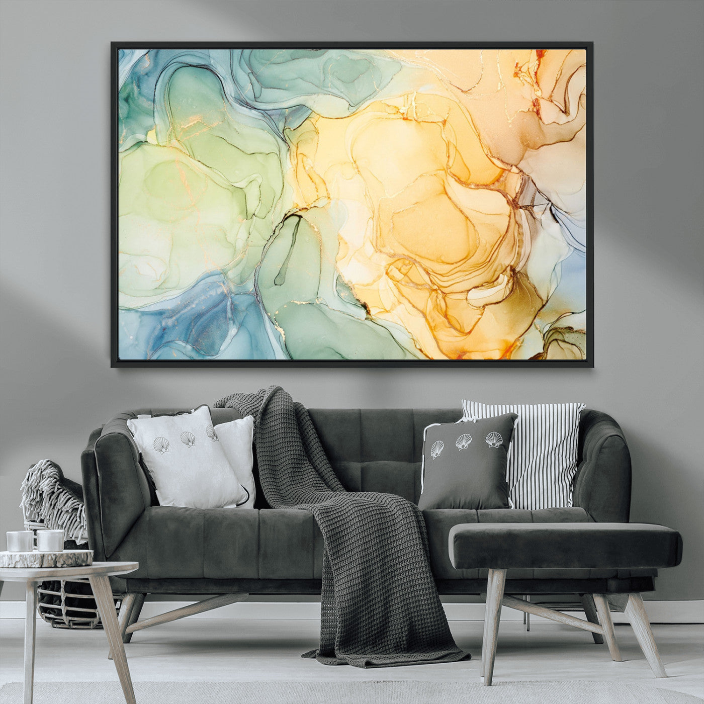 42195-MGV-CV-36X24-Green and Yellow Marble Fluid Effect Wall Art, Green and Yellow Marble Canvas Wall Art Print