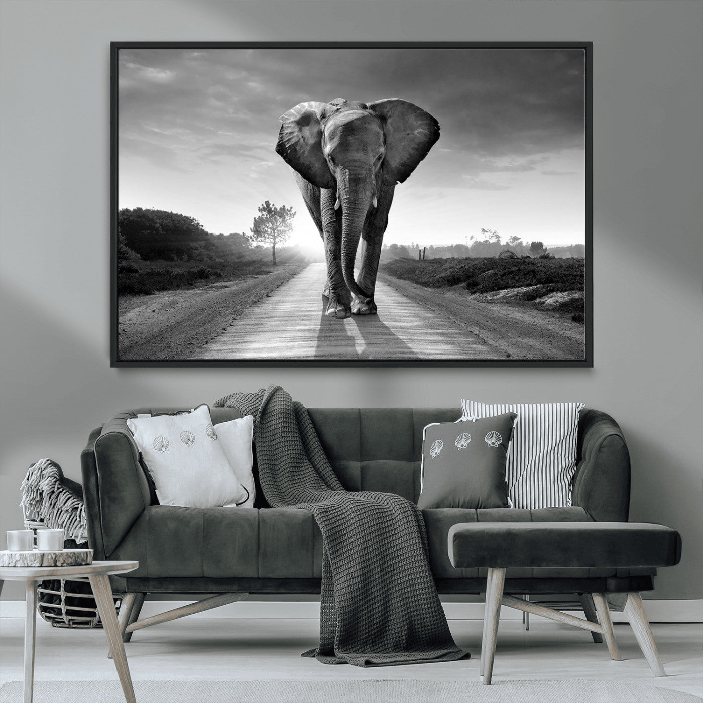 -Black and White Elephant Wall Art Canvas Print