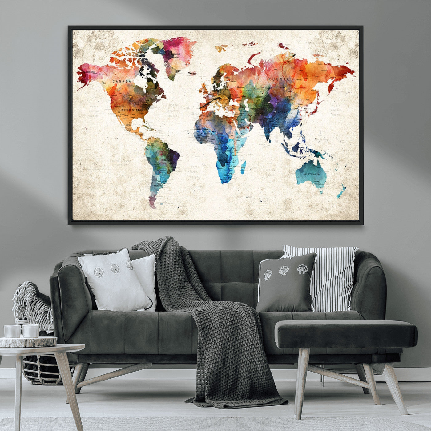 -Colorful Watercolor World Map Canvas Wall Art – Framed Push Pin Travel Map for Home and Office Decor, Artistic Modern Wall Artwork