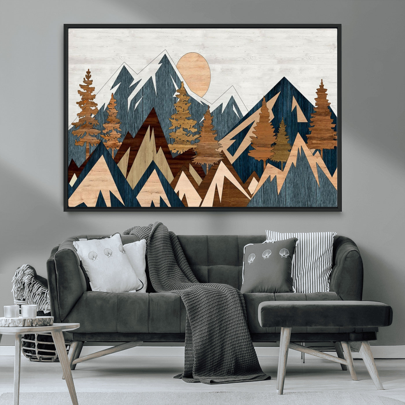 91467-MGV-CV-36X24-Abstract Wood Panel Effect Mountain Range Top Wall Art Canvas Print