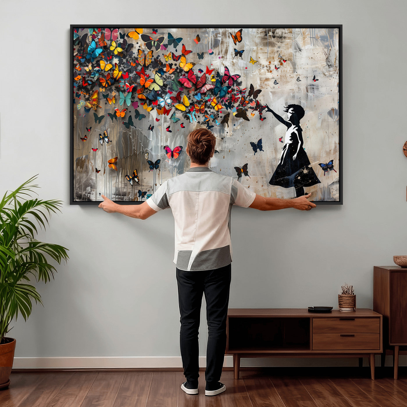 40269-MGV-CV-36X24 - Banksy Wall Art - Banksy Girl and Butterfly Explosion Wall Art Canvas Print | Girl with Butterflies