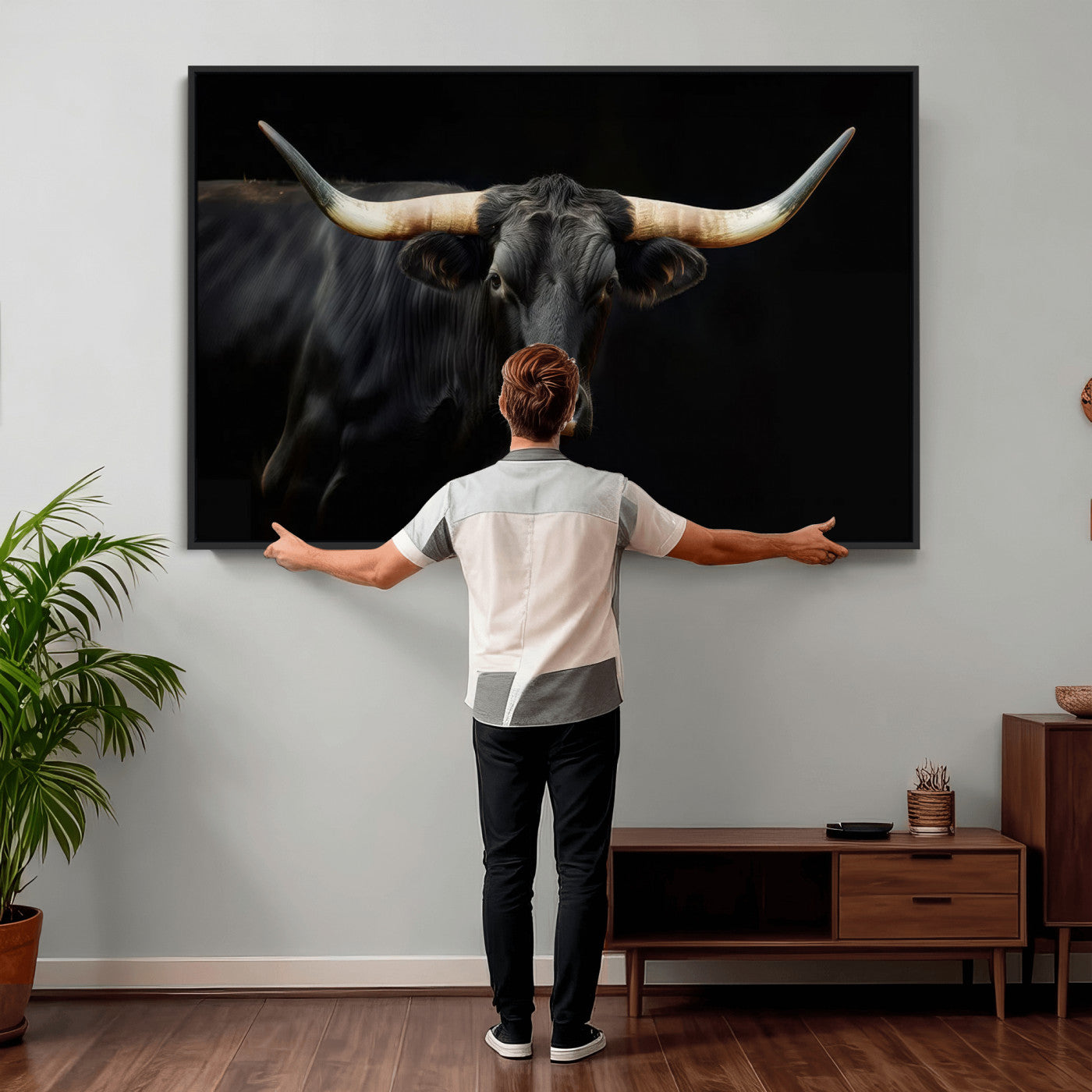 63798-MGV-CV-36X24 - Texas Longhorn Cow | Majestic Black Bull Wall Art Canvas Print - Farmhouse Animal Decor - Ready to