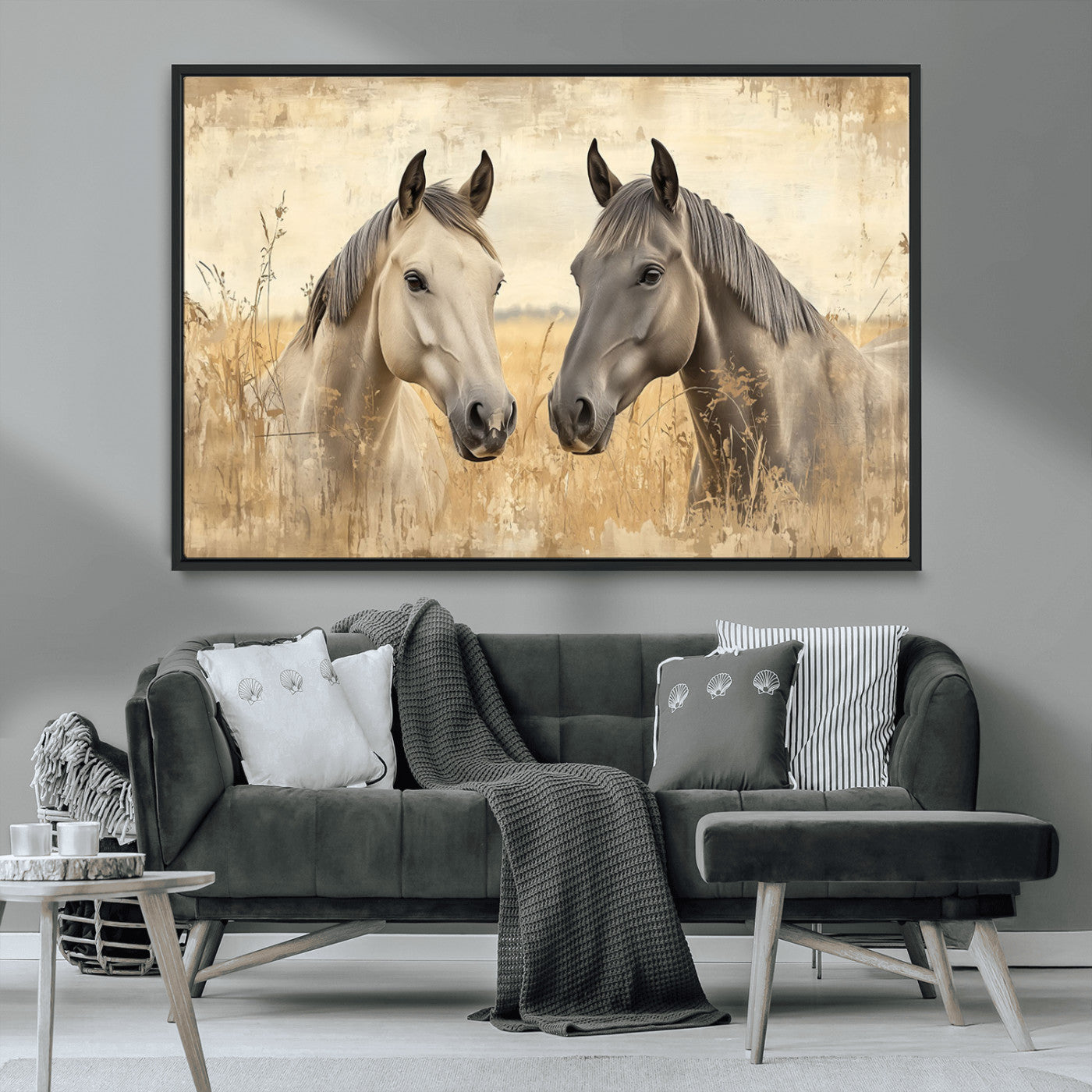 -Chines Ink Style Grunge Horses Wall Art Canvas Print