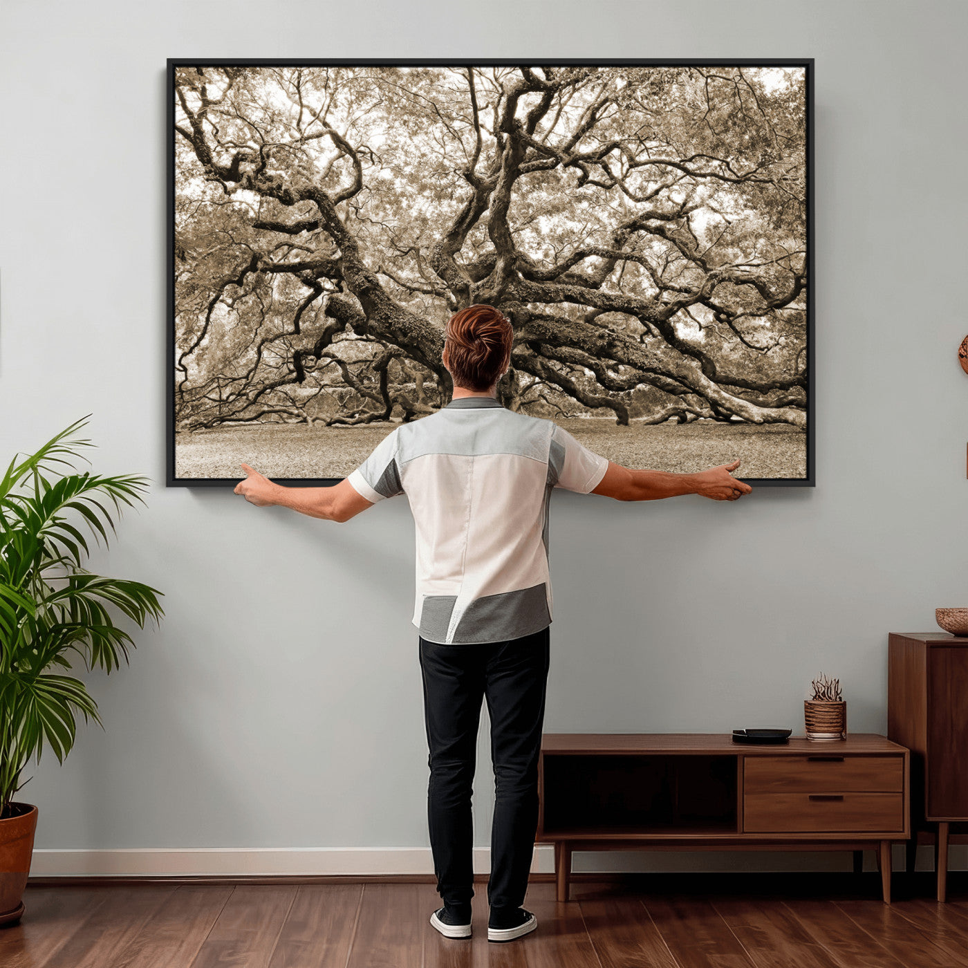 51126-MGV-CV-36X24 - Sepia Framed Angel Oak Tree Wall Art - 3-Panel Canvas Prints, Large Green Nature Artwork, Ready to