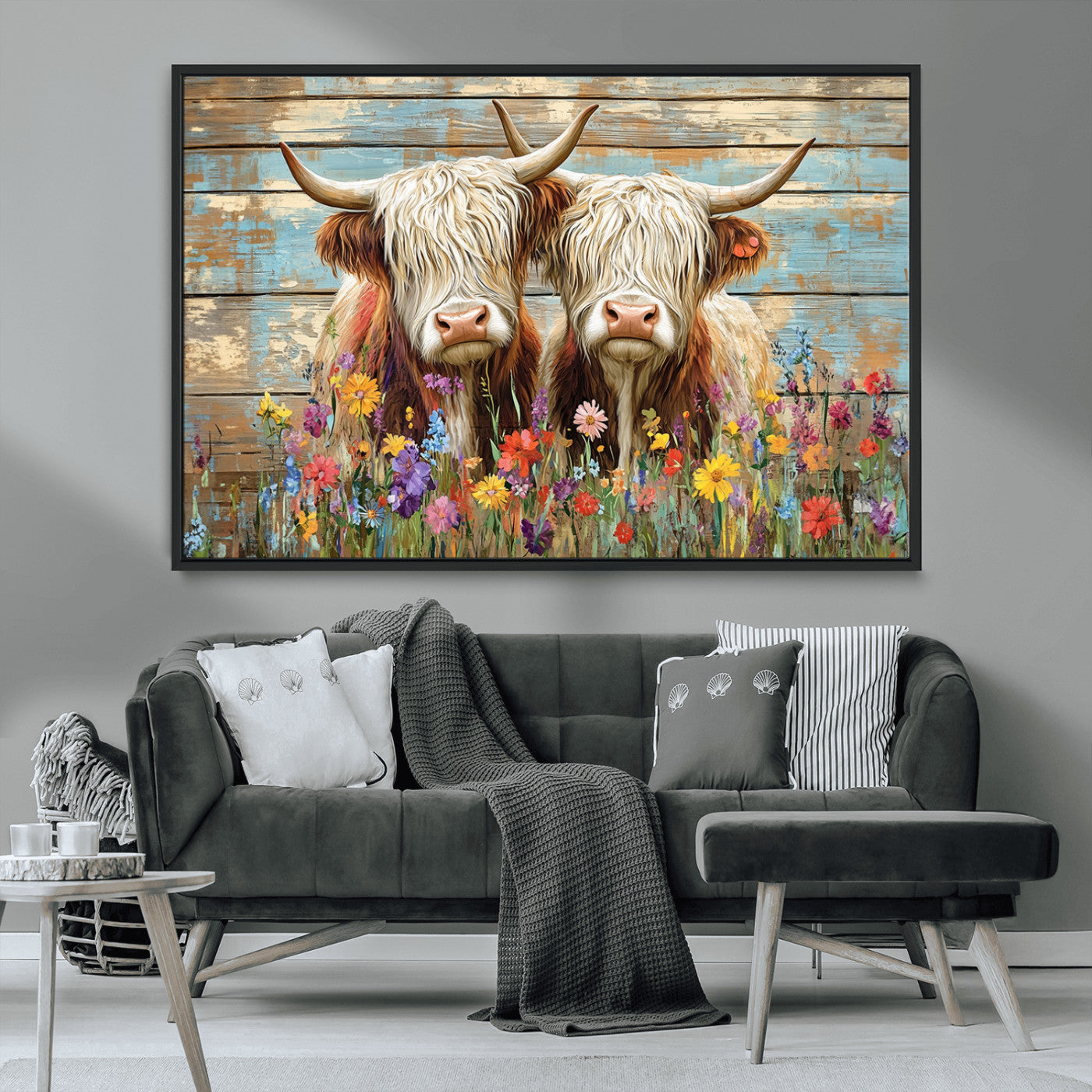 36972-MGV-CV-36X24 - Cute Highland Cow Canvas Wall Art - Rustic Farmhouse Decor with Colorful Flowers Perfect Wall Art